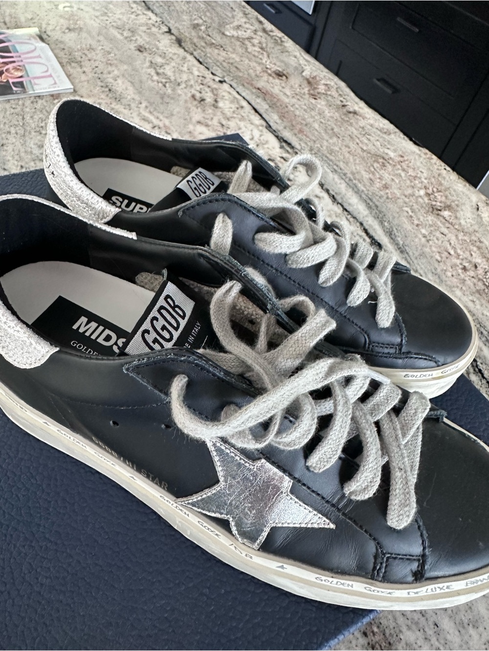 Golden Goose Black Leather Sneakers with Silver Star and Gray Laces